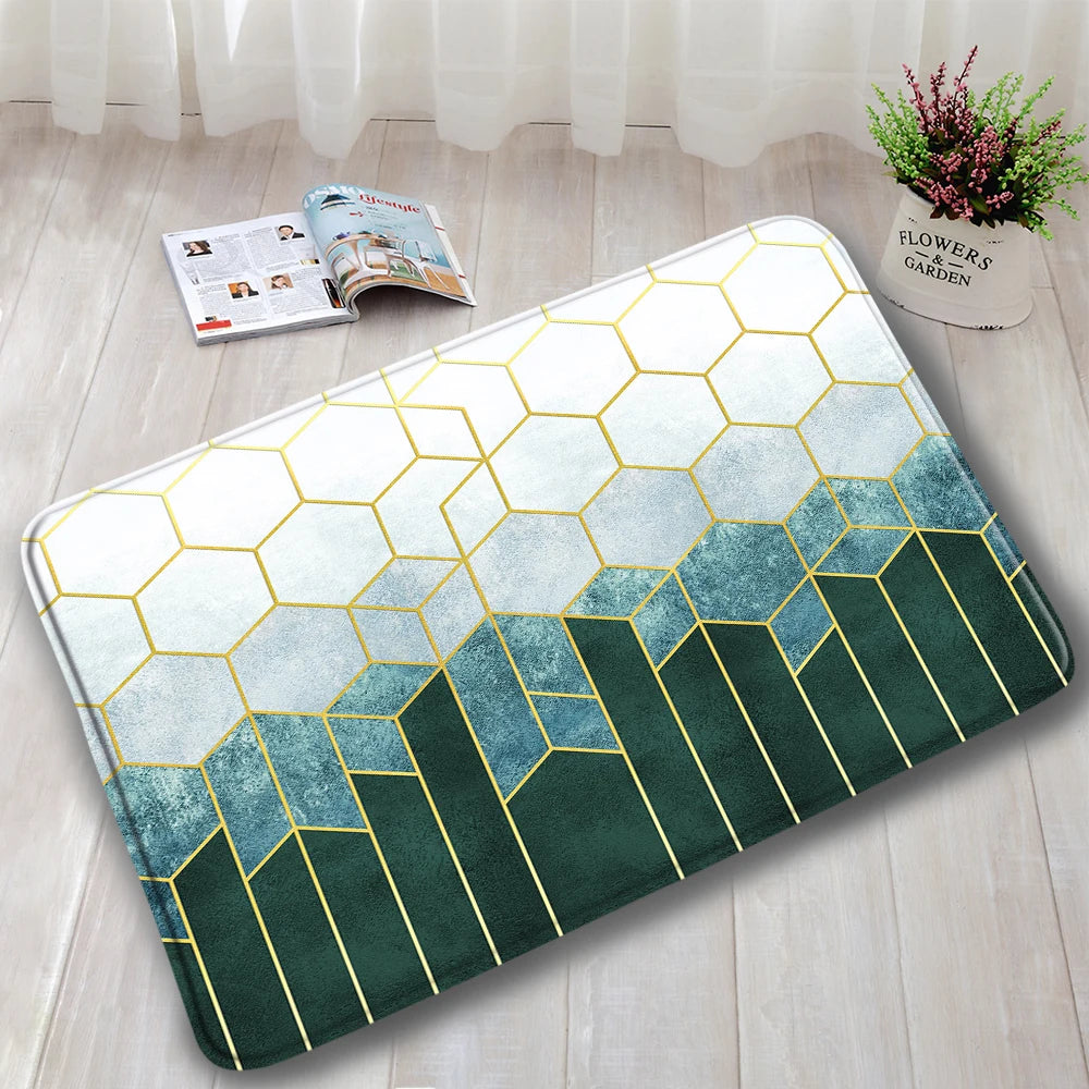 1-3pc Sets- Non-Slip Rugs + Toilet Lid Cover- Gold Line Cube Abstract Blue Marble design