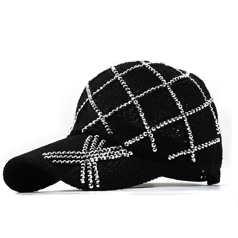 Woman's  Sequined Rhinestone Pearl Mesh Baseball Cap