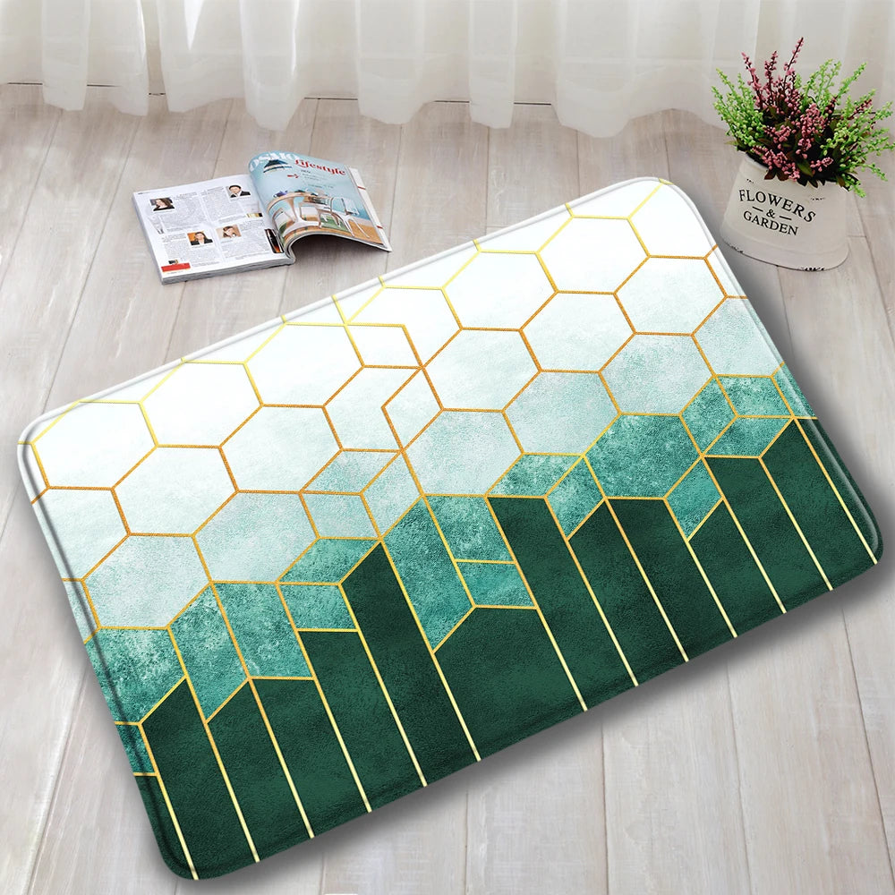 1-3pc Sets- Non-Slip Rugs + Toilet Lid Cover- Gold Line Cube Abstract Blue Marble design