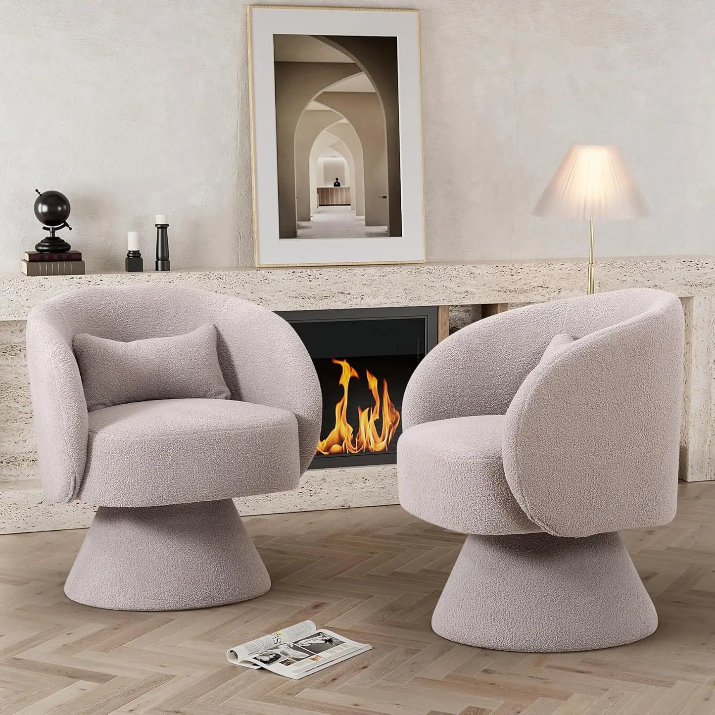 Set of 2 Upholstered Swivel Barrel Accent Chair - 360 Degree Swivel