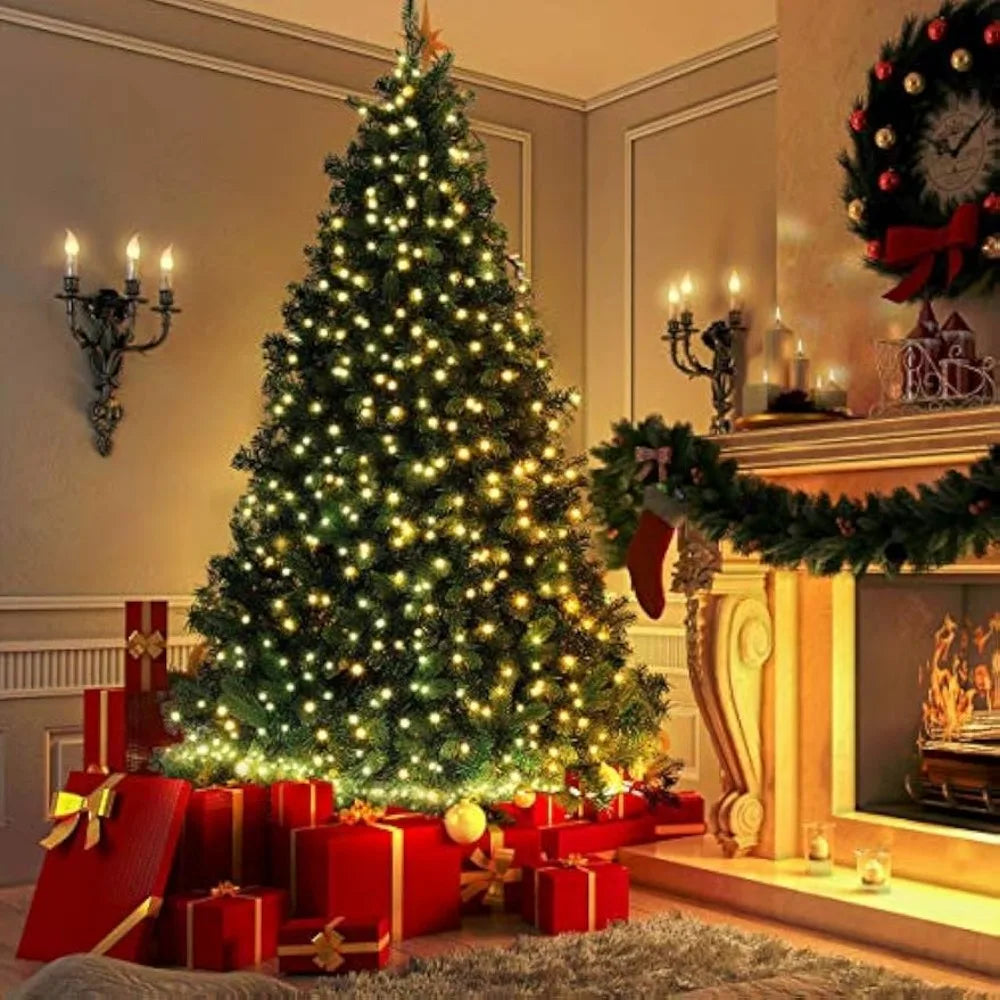 8 Ft Pre-lit Artificial  Christmas Tree w/ 750 Warm White Light, & Metal Foldable Stand