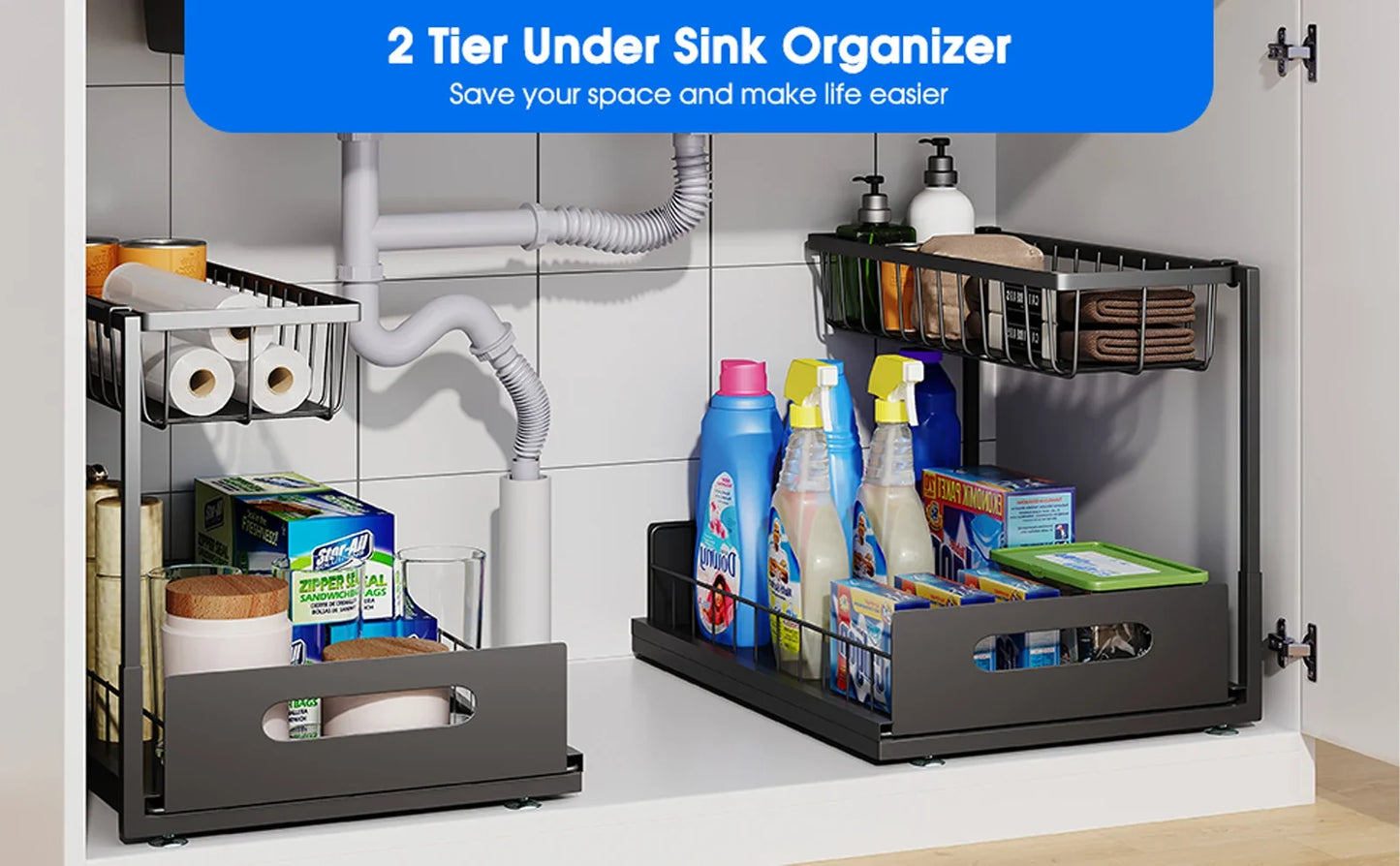 Under Sink 2 Tier Sliding Cabinet Basket with Pull Out Cabinet Multi-Purpose