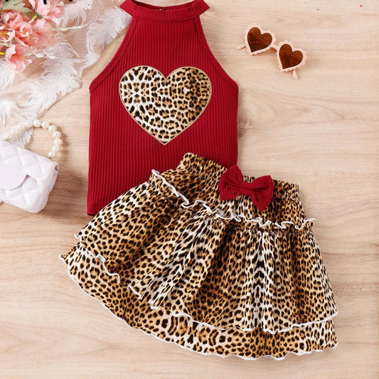 2pcs Set -Heart Graphic Kids Halter Top and Leopard Skirt