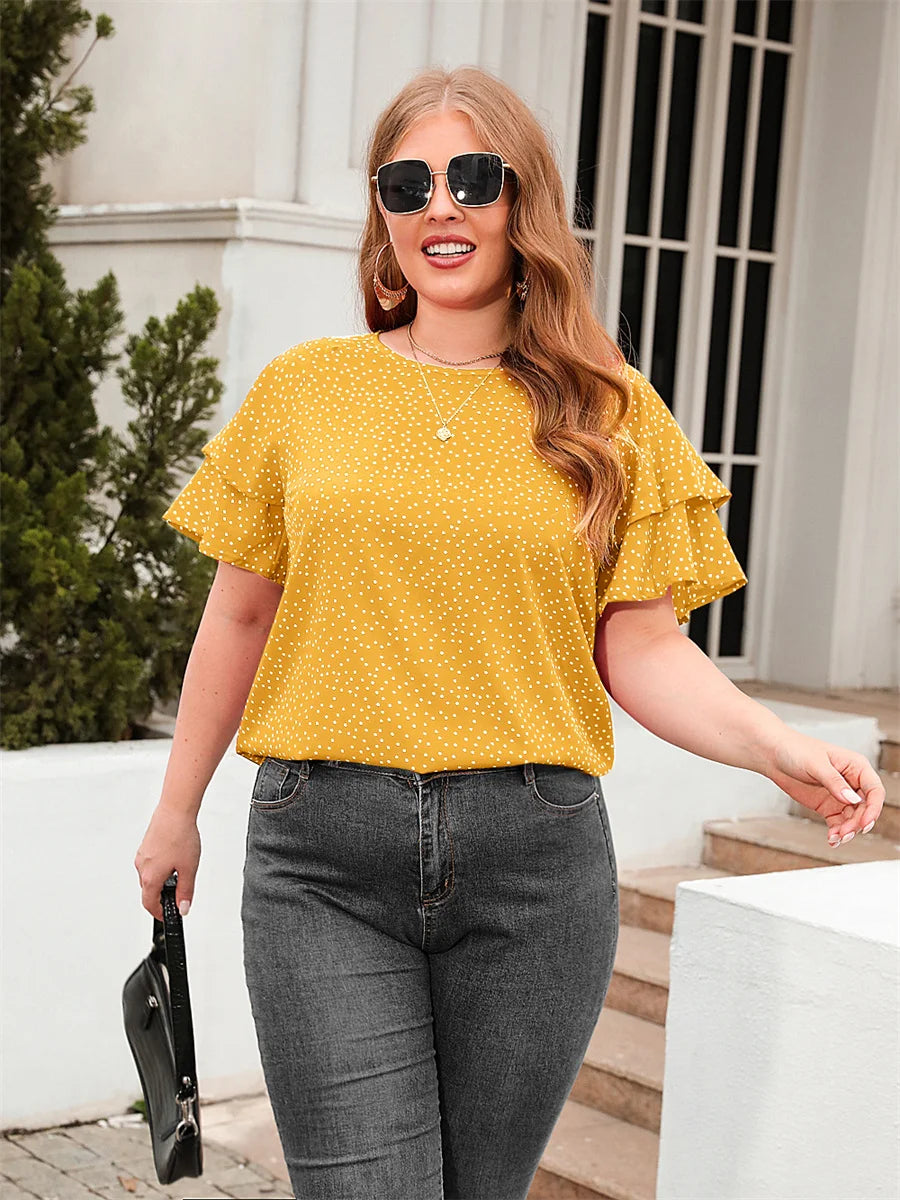 Plus Size Polka Dot O-Neck Layered Butterfly Sleeve Blouse