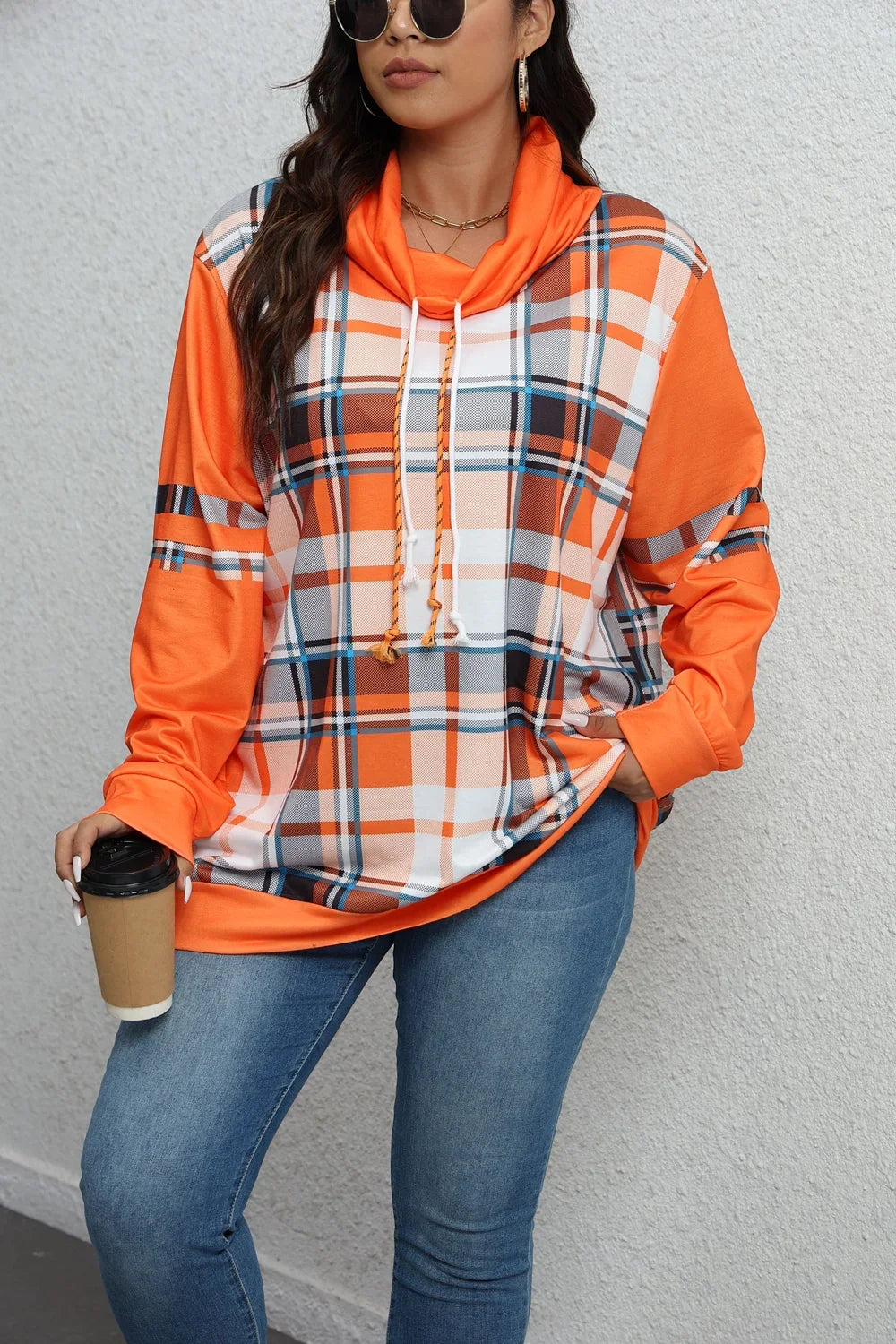 Plus Size- Hooded Sweatshirt -Plaid Printed