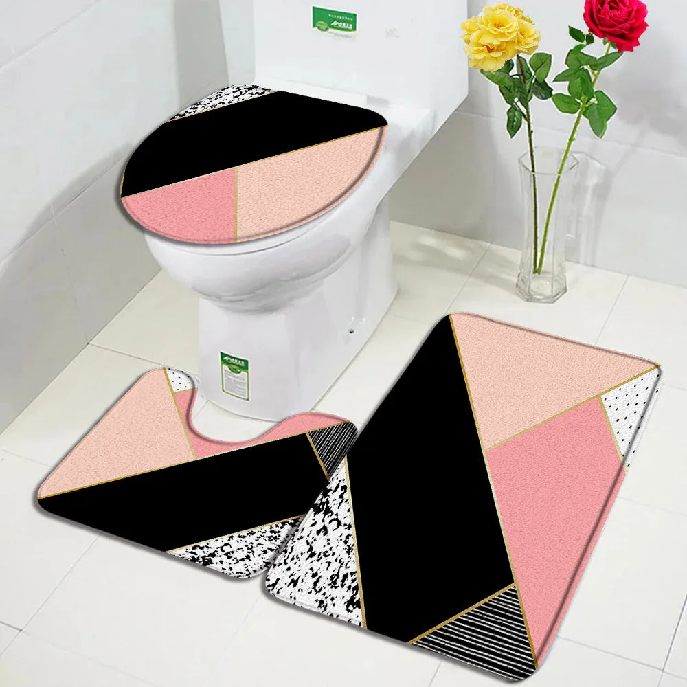 3Pcs non slip Bath Mats Set -Geometric Black Pink Marble Design Floor mats + Toilet Cover Mat