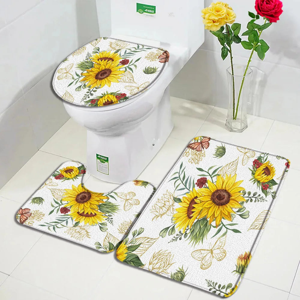 1-3pc set- Blue Floral Dandelion Flowers -Floor Rugs + Toilet Lid Cover