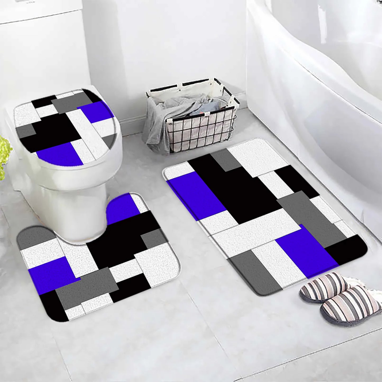 3pcs non slip Bath Mats Set -Splicing Pattern Floor Rugs + Toilet lid cover