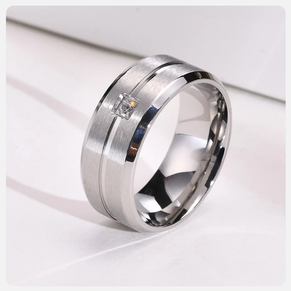 8mm Men's   Matte Stainless Steel Wedding Band, AAA CZ Stone with Grooved Line