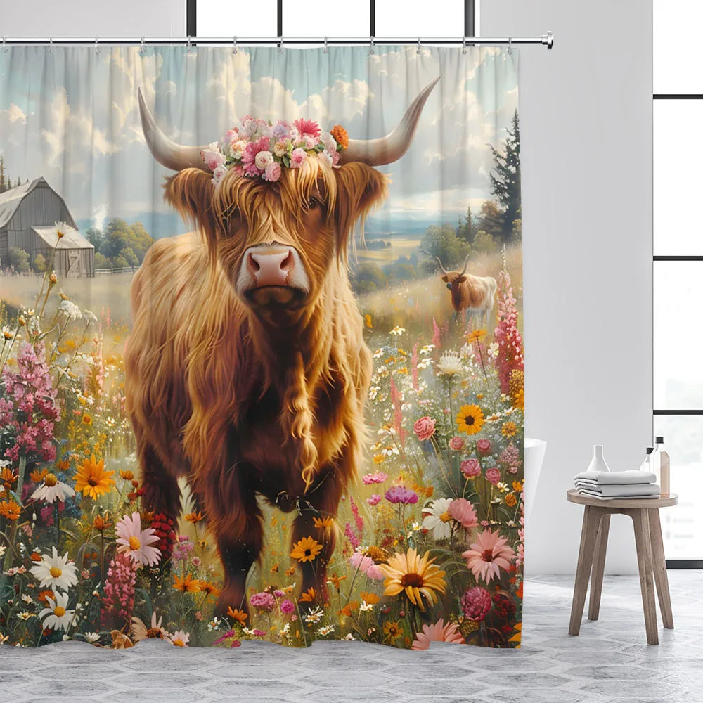 Bath Curtain - Funny Highland Cow Shower Curtains with Hooks