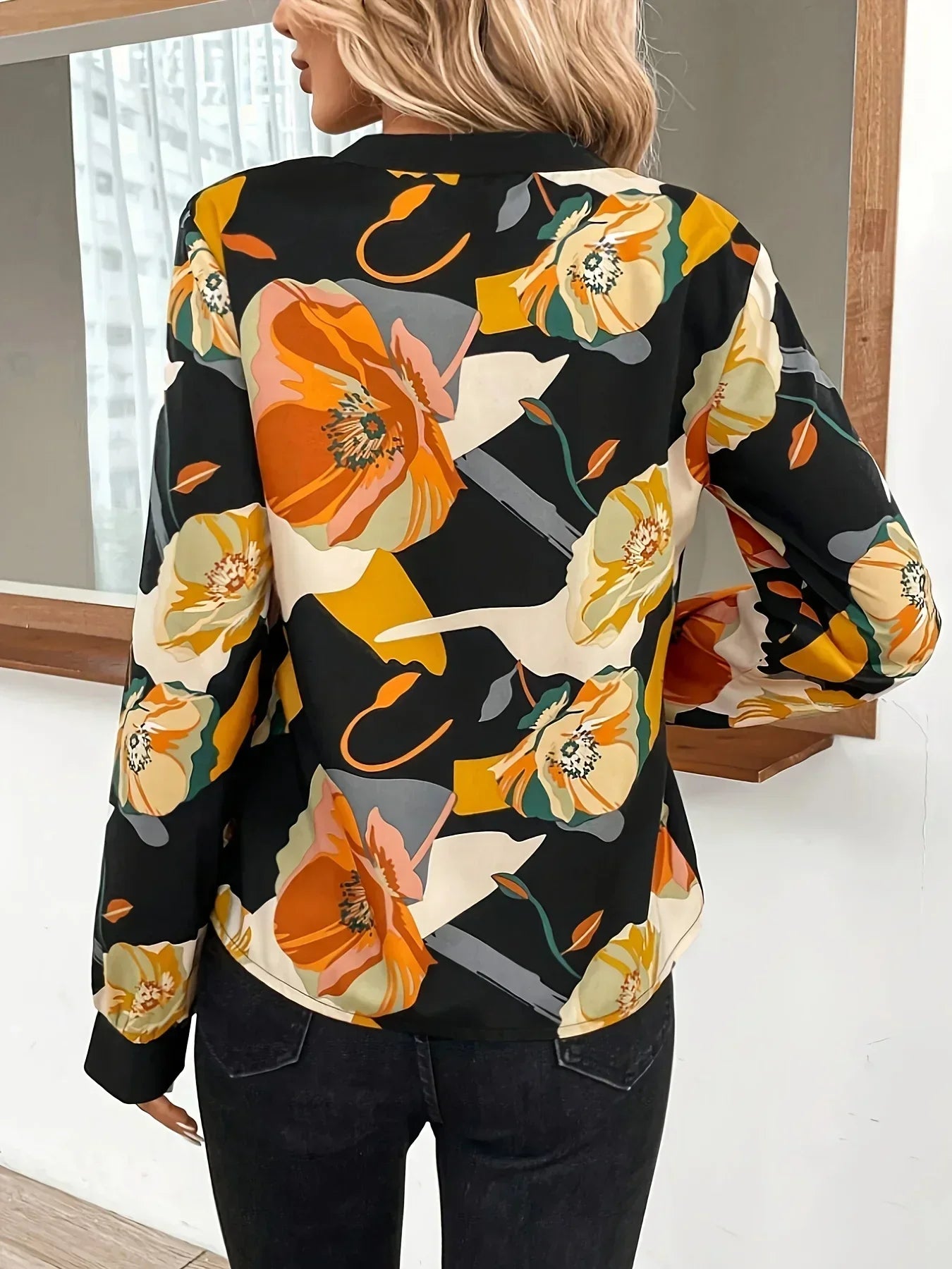 Plus Size 1XL-5XL Spring Summer New Women's Contrast Printed  Long Sleeved V-neck Shirt Ladies Casual Fashion Commuter Shirt