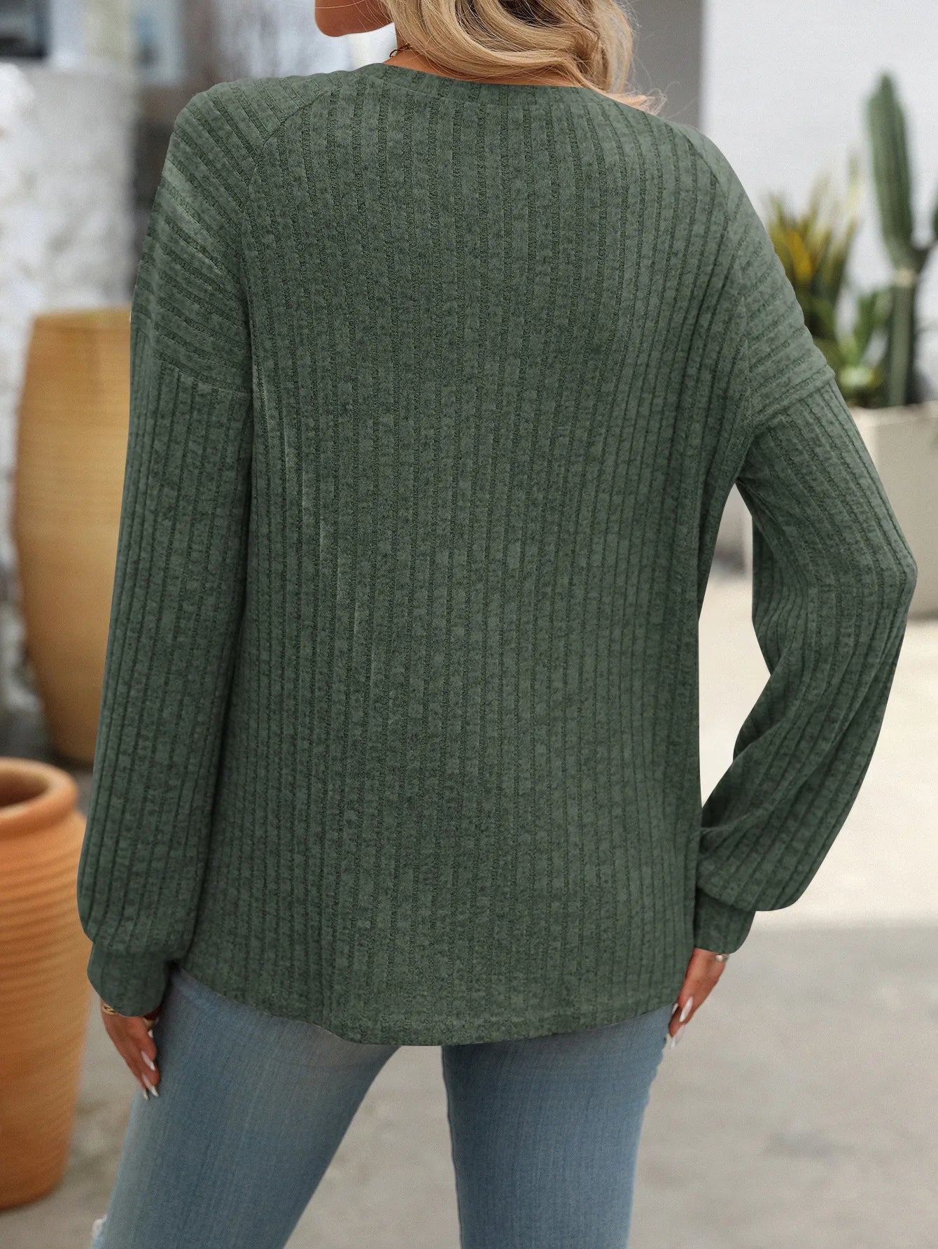 Long Sleeve V-neck Button Knitted Twist T-shirt