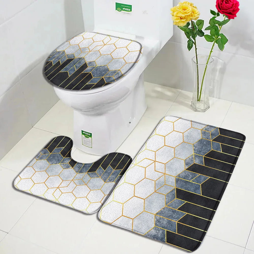 1-3pc Sets- Non-Slip Rugs + Toilet Lid Cover- Gold Line Cube Abstract Blue Marble design