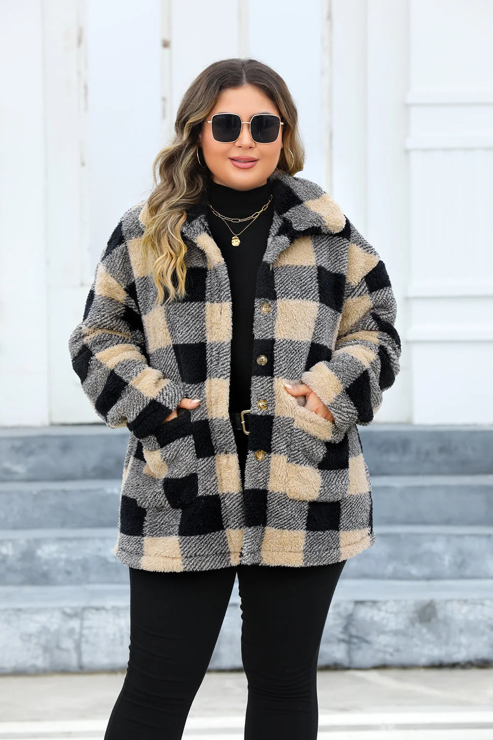 Plus Size Plaid Single Breasted Long Sleeve Plush Lapel Jacket with Pockets