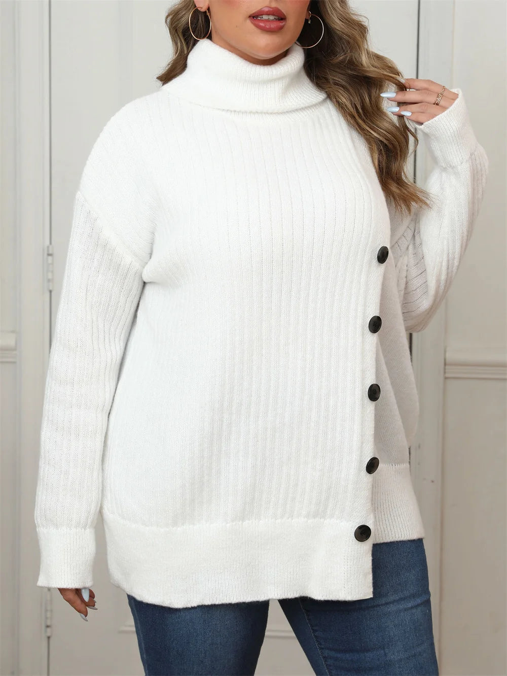 Plus Size Women's Knitted Turtleneck Sweater with Drop Shoulder Button - Casual Pullover