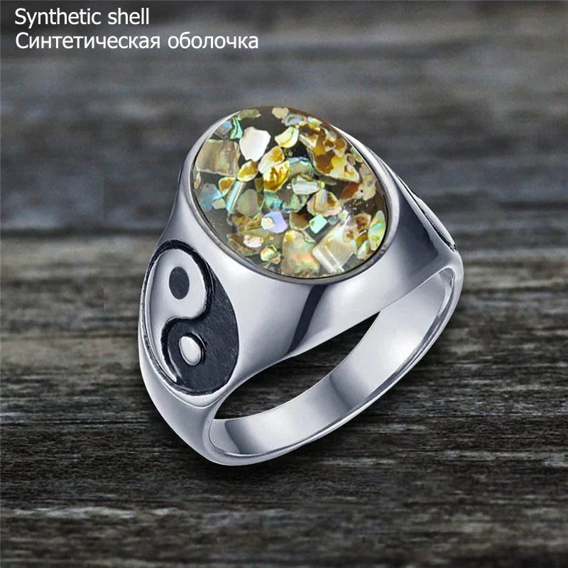 Oval Stainless Steel Yin And Yang Ring with Natural Stone