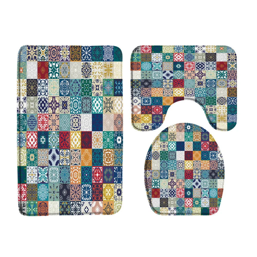 3pc non slip Bathroom Bath Mat Set Creative Geometric boho Design Floor rugs + Toilet Cover