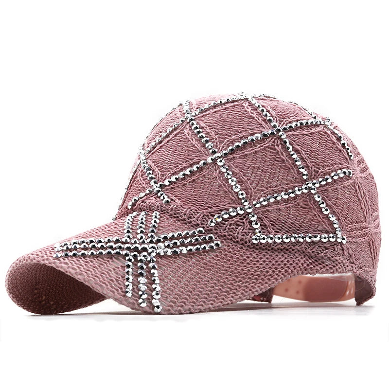 Woman's  Sequined Rhinestone Pearl Mesh Baseball Cap