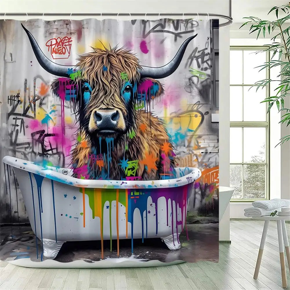 Bath Curtain - Funny Highland Cow Shower Curtains with Hooks