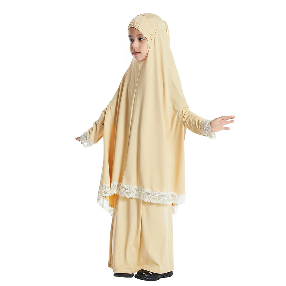 2Pcs Traditional Muslim Kids Girls Hooded Overhead Hijab Burqa Gown