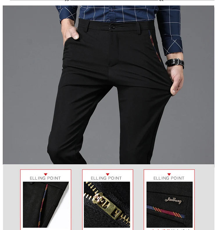 Men's Business Classic Casual Trousers -Slim Fit Black/Blue Elastic High Waist