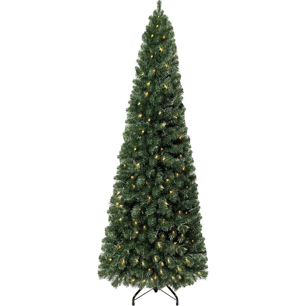 Wide Realistic Artificial Skinny Pencil Christmas Tree - 1102 Branch Tips, 350 Warm Lights and Metal Stand - 4.5 ft, 7.5 ft