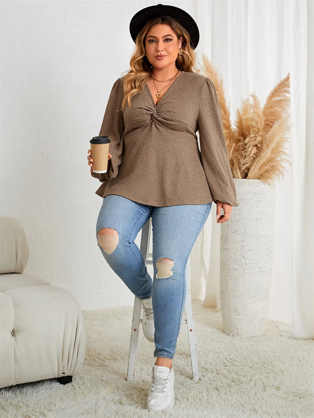 Plus Size Casual V Neck Twist Front Peplum Tunic Blouse with Full Lantern Sleeve