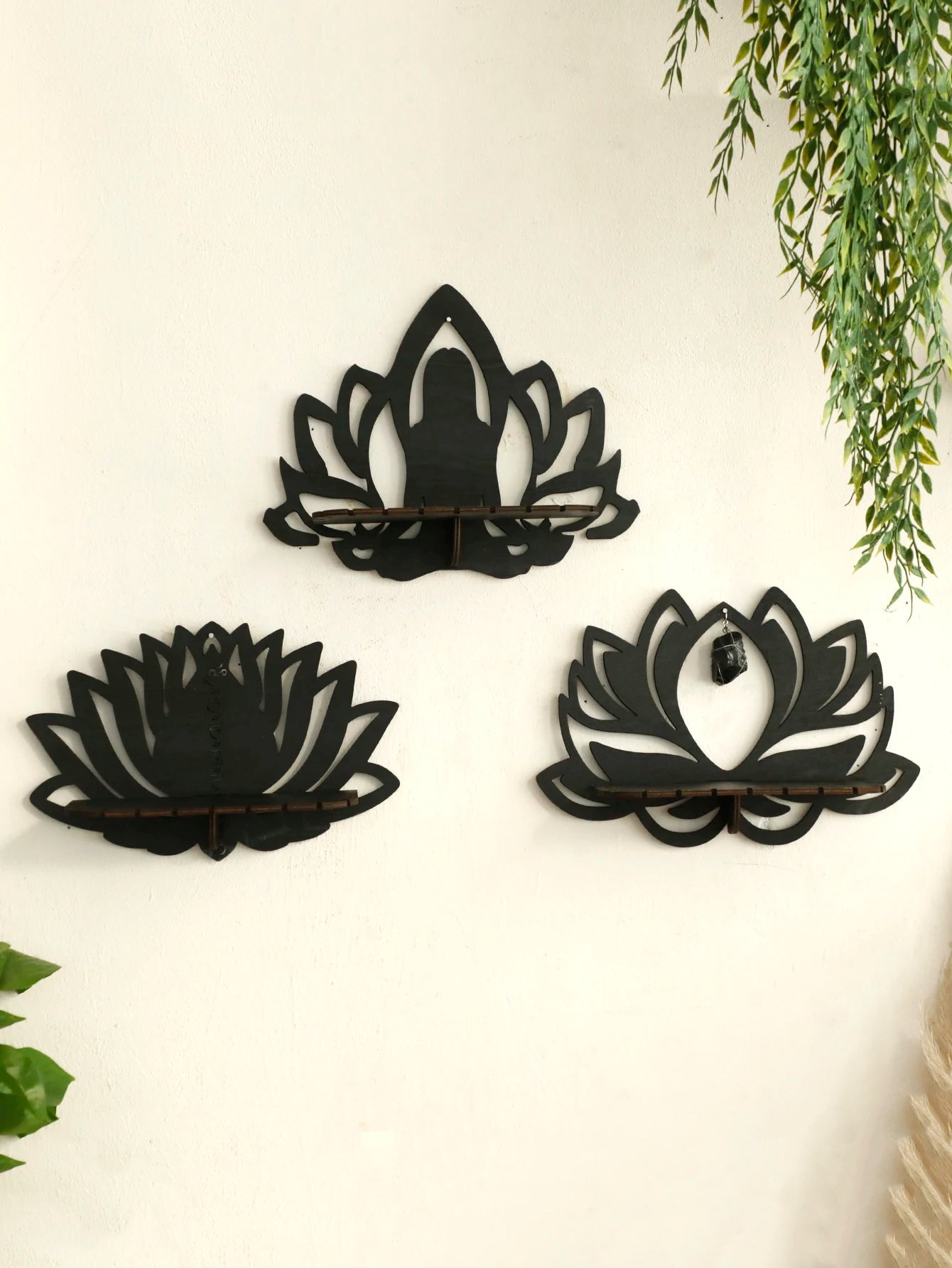 Lotus Crystal Black Wooden Floating Wall Shelf