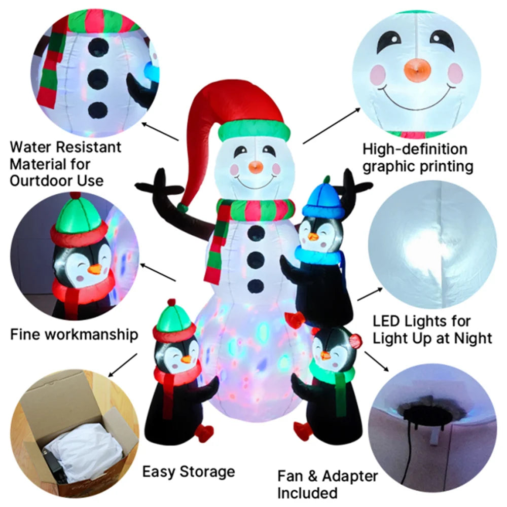 6ft/1.8M -LED Christmas Inflatable - Snowman with Three Penguins hugging snowman