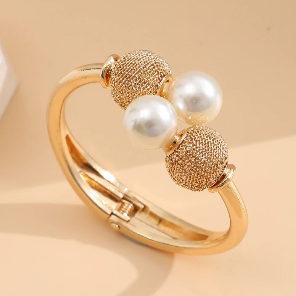 Open Cuff Pearl Ball Bracelet -Gold