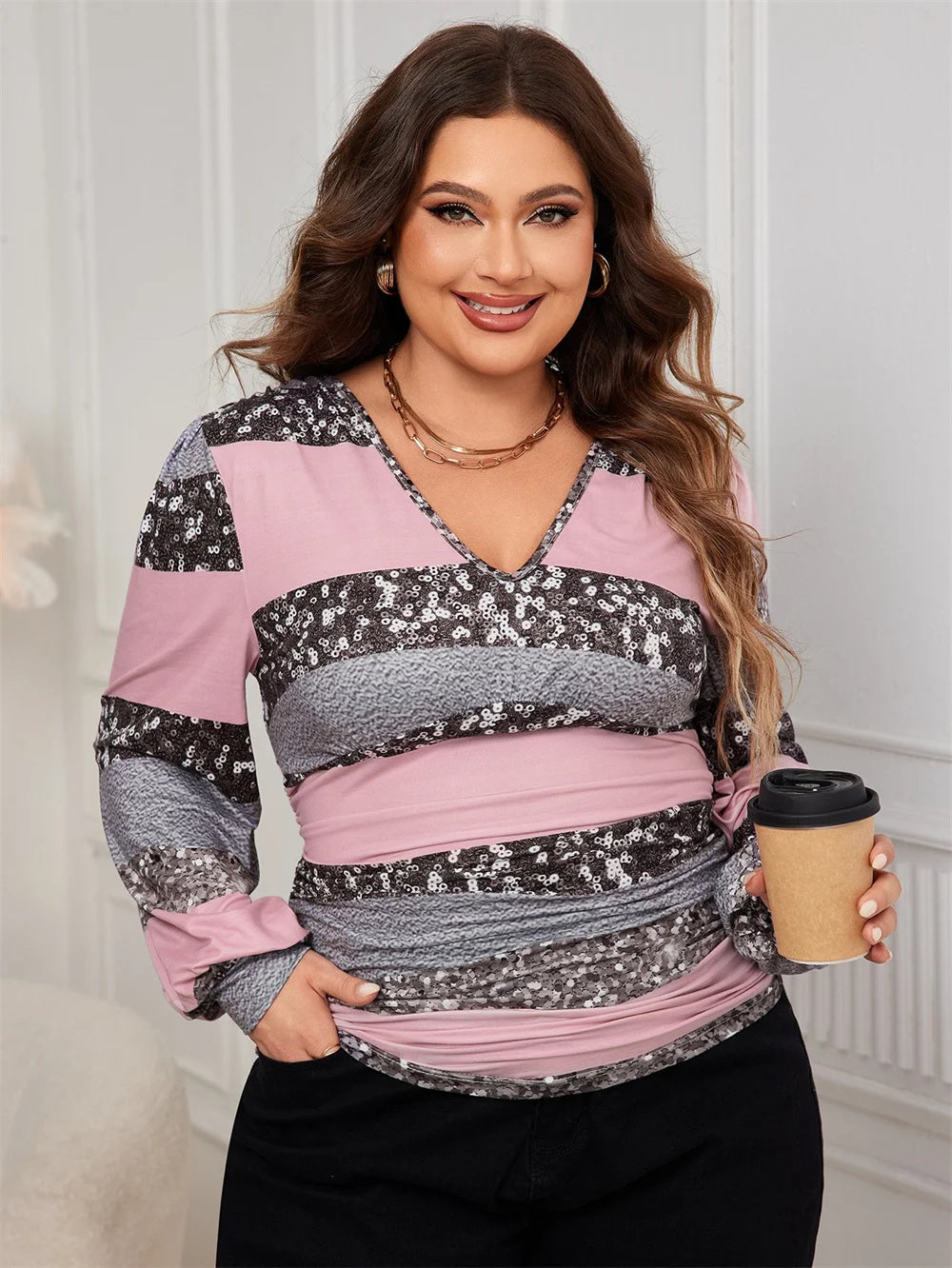 Plus Size V-neck Sequined  Long Sleeve Blouses