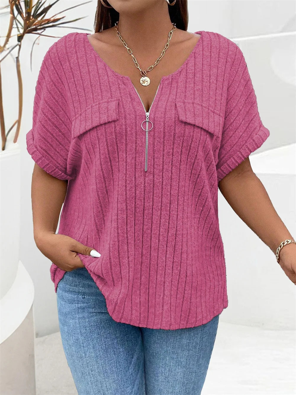 Plus Size Solid O-Ring Zip Front T Shirt