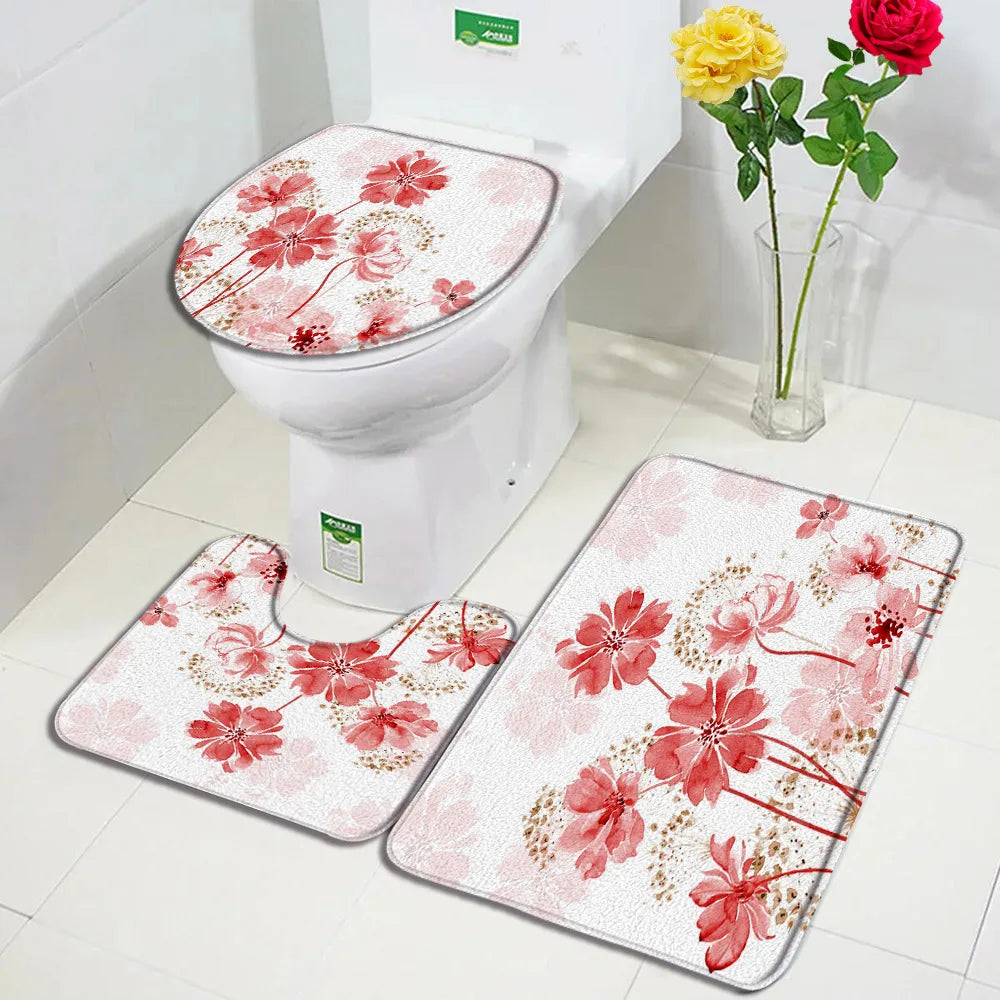 1-3pc set- Blue Floral Dandelion Flowers -Floor Rugs + Toilet Lid Cover