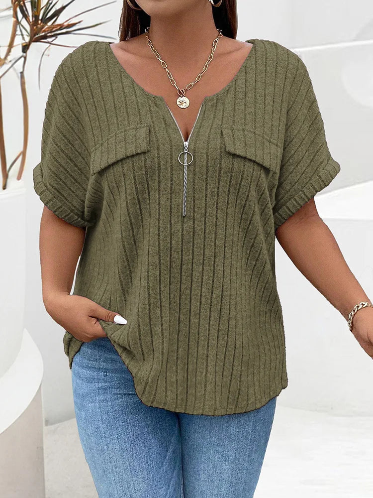 Plus Size Solid O-Ring Zip Front T Shirt