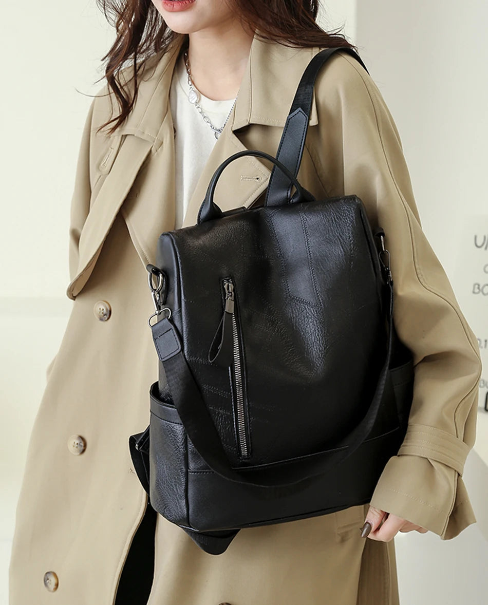 Women’s Soft Leather Large Capacity Backpack- Shoulder Bags