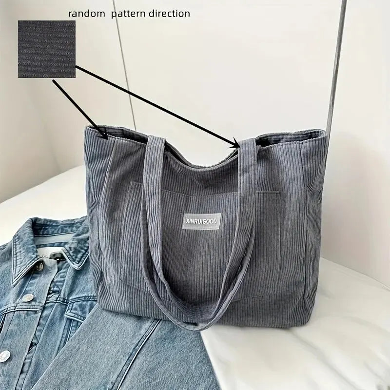 Large Capacity Tote Bag With Front Pocket -Trendy Corduroy  Pocket Solid Color