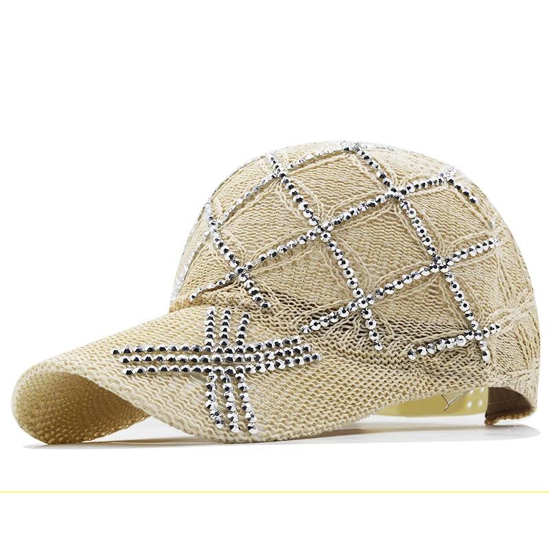 Woman's  Sequined Rhinestone Pearl Mesh Baseball Cap