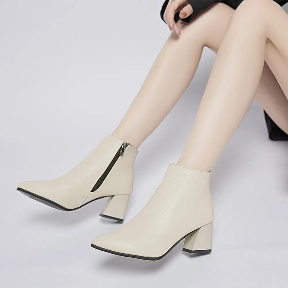 Woman's Ankle Boots with Side Zipper -Short Heel