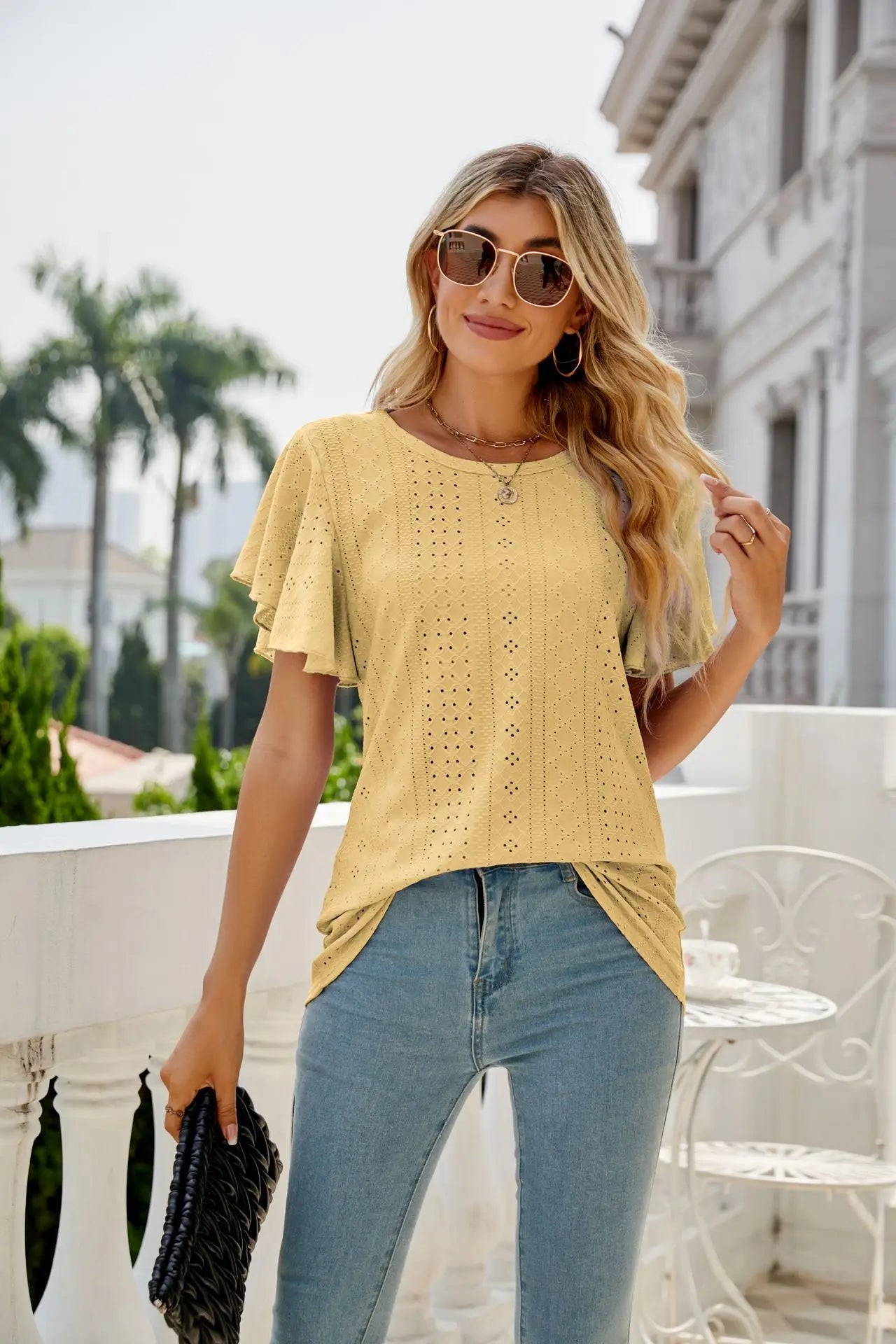 Hollow Round Neck T-Shirt with Ruffle Edge