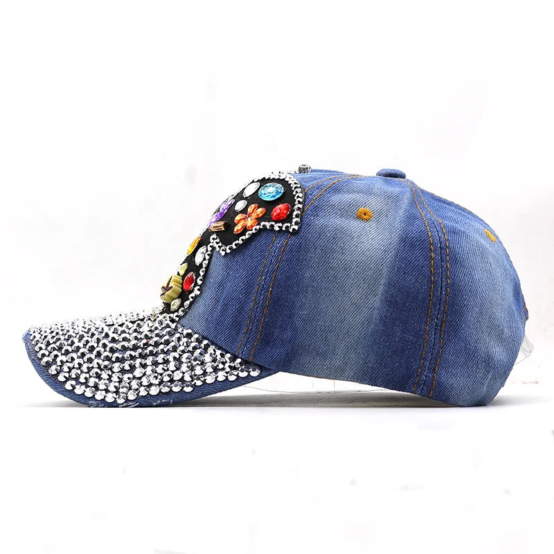 Women's Denim Rhinestone Butterfly base ball cap with full Crystal  Rhinestone Bill