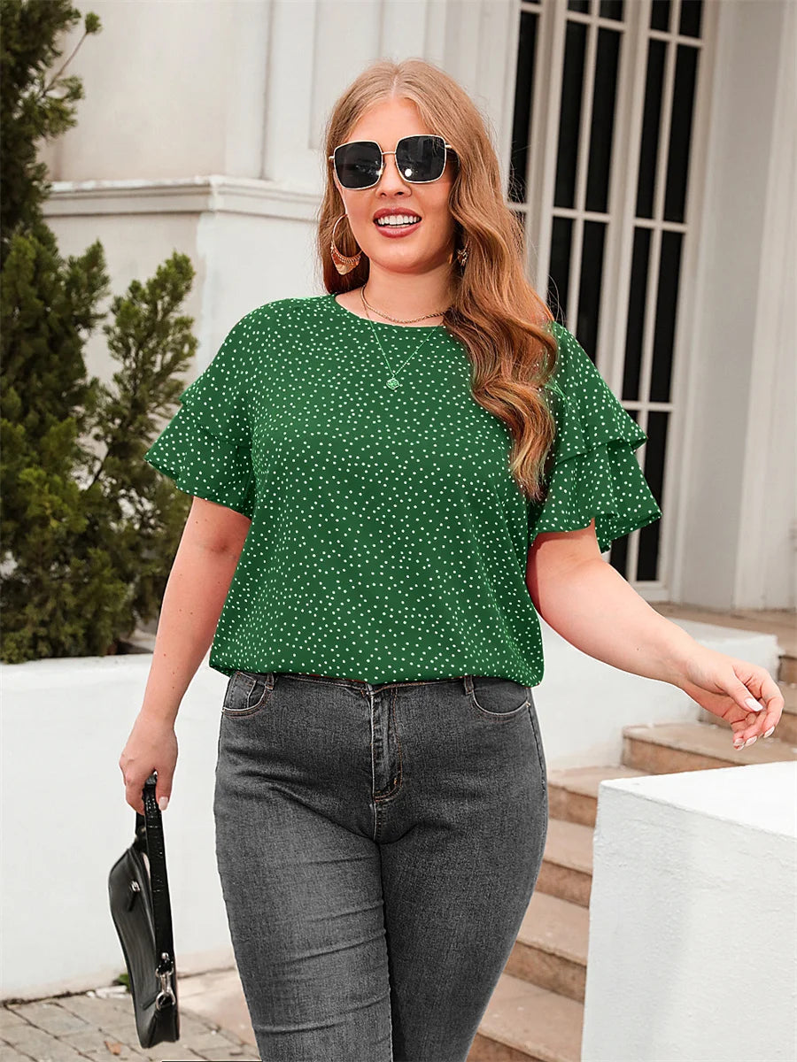 Plus Size Polka Dot O-Neck Layered Butterfly Sleeve Blouse