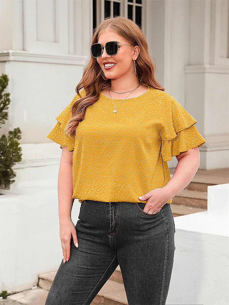 Plus Size Polka Dot O-Neck Layered Butterfly Sleeve Blouse