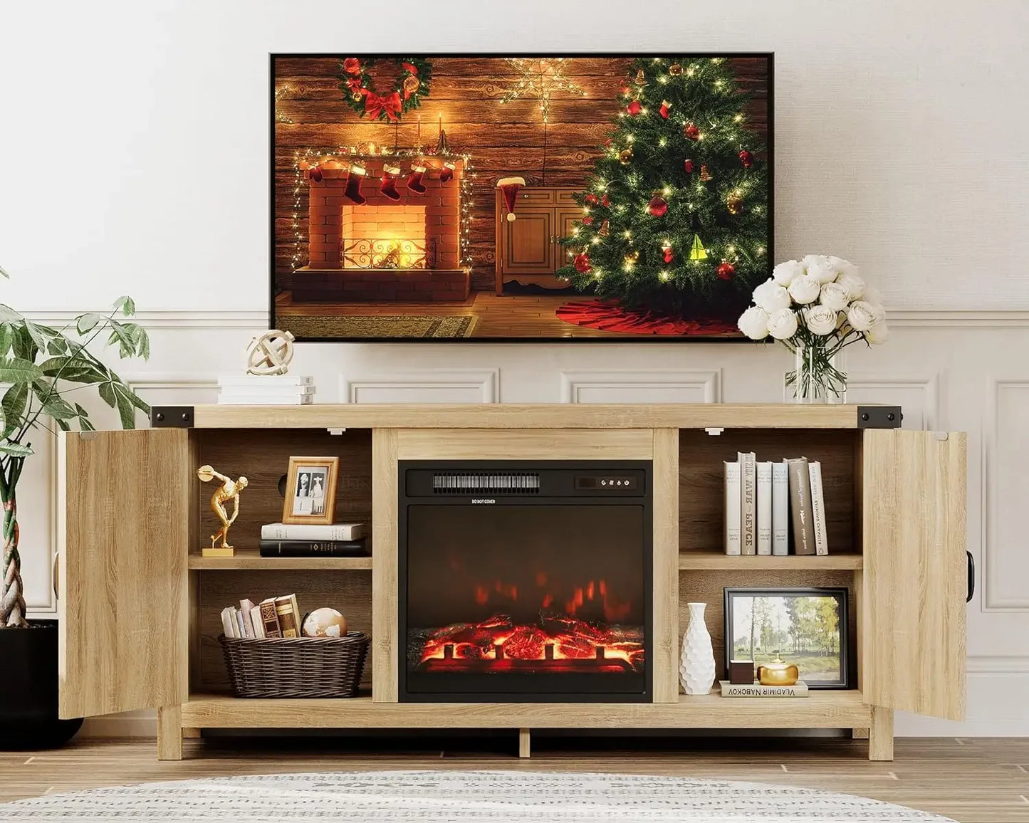 Farmhouse Entertainment Center w/ Barn Doors & Storage Cabinets with/without Fireplace -max fit 65In TV ,