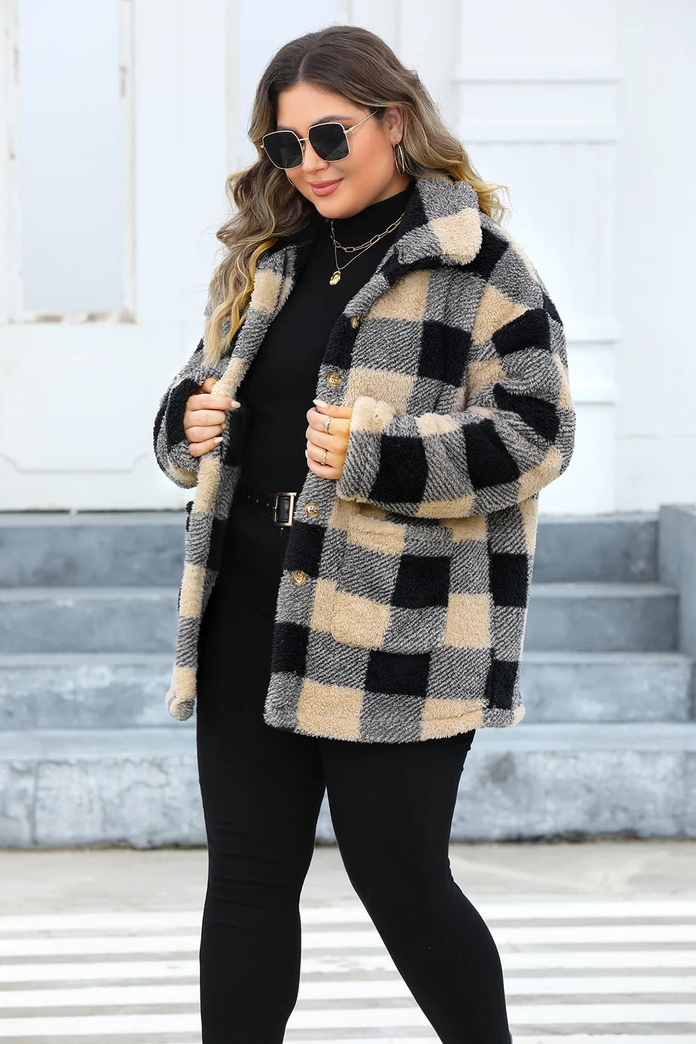 Plus Size Plaid Single Breasted Long Sleeve Plush Lapel Jacket with Pockets