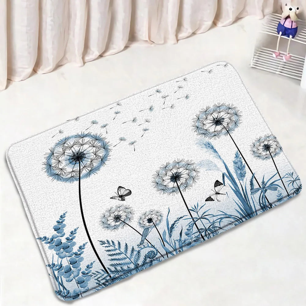 1-3pc set- Blue Floral Dandelion Flowers -Floor Rugs + Toilet Lid Cover