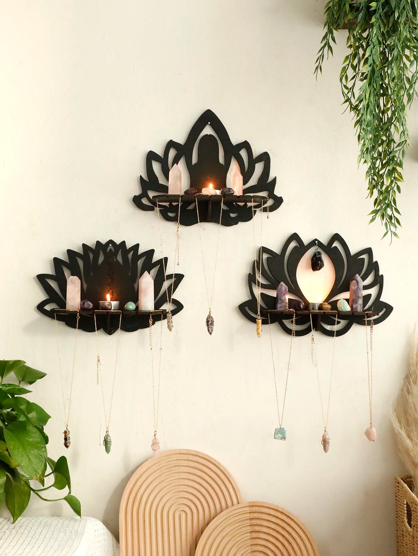 Lotus Crystal Black Wooden Floating Wall Shelf