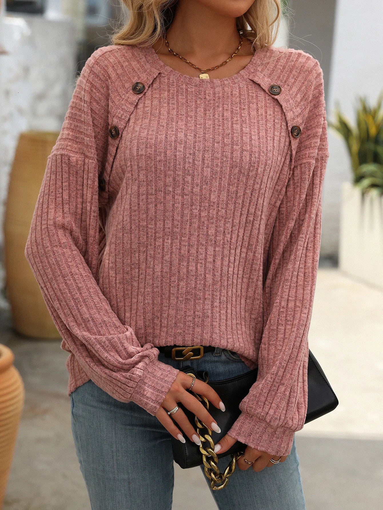 Long Sleeve V-neck Button Knitted Twist T-shirt