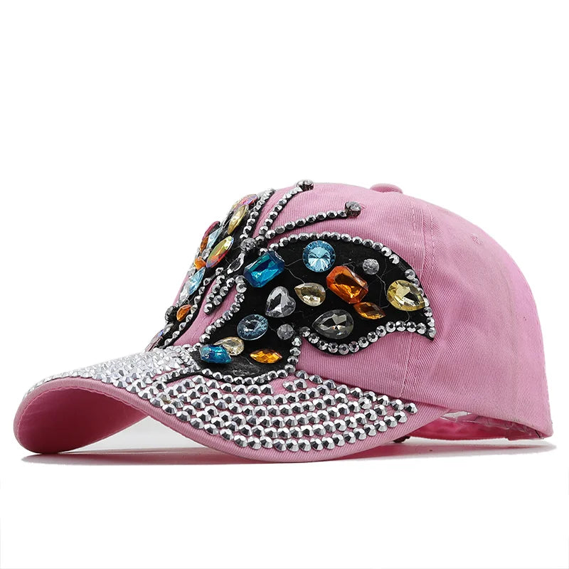 Women's Denim Rhinestone Butterfly base ball cap with full Crystal  Rhinestone Bill