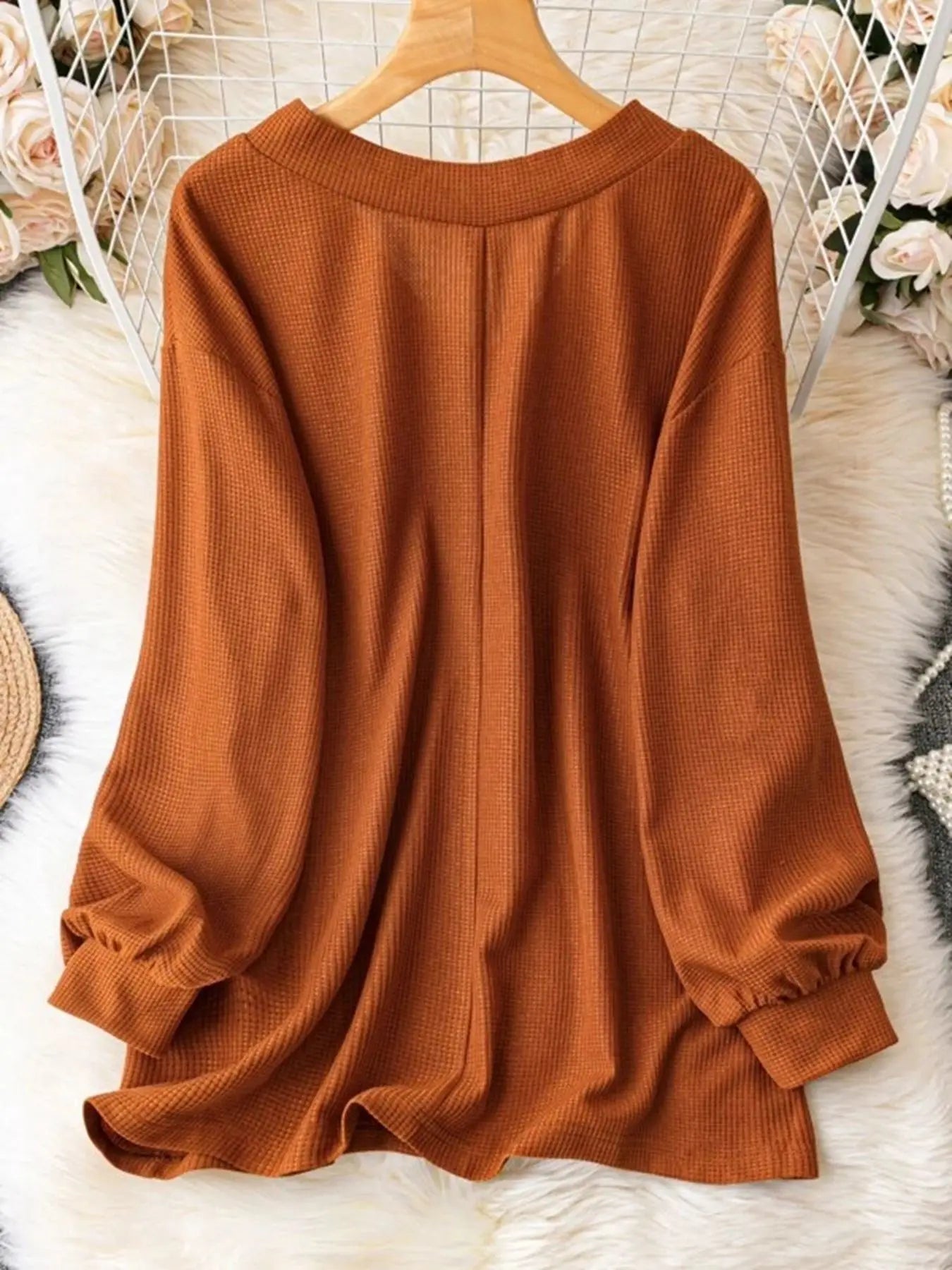 Plus Size-  Casual  Pullover V Neck Long Sleeve shirt   - Solid Color   - 1XL-5XL