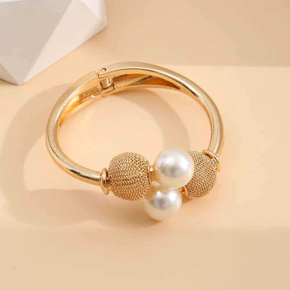 Open Cuff Pearl Ball Bracelet -Gold